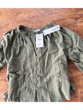 Zara Olive Green Embroidered Dobby Blouse
